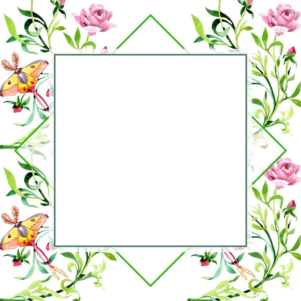 Rosa rosa ornamento floral flor botánica. Conjunto de ilustración de fondo acuarela. Marco borde ornamento cuadrado . — Foto de Stock