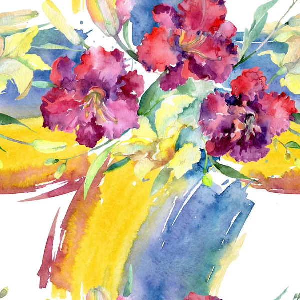 Bouquet von gelben und kastanienbraunen Lilien blühen. Aquarell Hintergrundillustration Set. nahtloses Hintergrundmuster. — Stockfoto