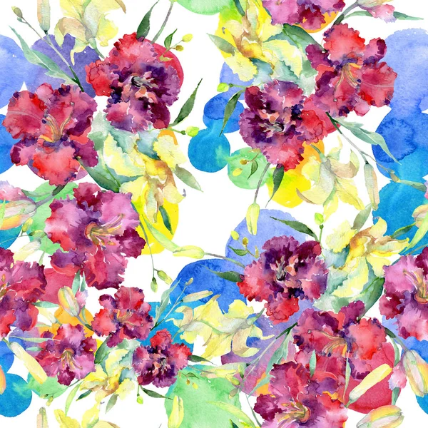 Bouquet of yellow and maroon lilies flower. Watercolor background illustration set. Seamless background pattern.