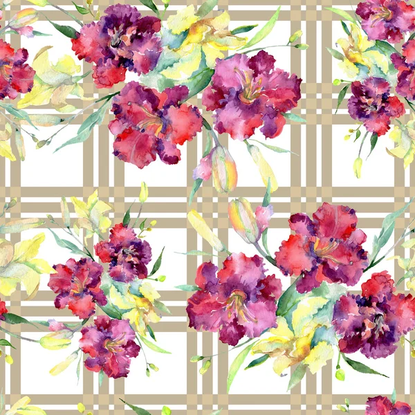 Bouquet of yellow and maroon lilies flower. Watercolor background illustration set. Seamless background pattern.
