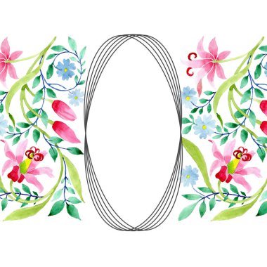 Pembe ve mavi çiçek botanik çiçek süsleme. Suluboya arka plan illüstrasyon küme. Çerçeve kenarlığı süsleme Meydanı.