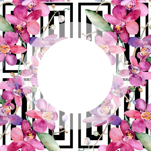 Roze orchidee boeket bloemen botanische bloem. Aquarel achtergrond afbeelding instellen. Frame grens ornament vierkant. — Stockfoto
