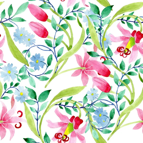 핑크와 파란색 꽃 식물 꽃 장식. 수채화 배경 그림 설정 합니다. 원활한 배경 패턴. — 스톡 사진