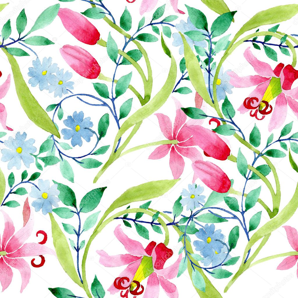 Ornament pink and blue floral botanical flowers. Watercolor background illustration set. Seamless background pattern.