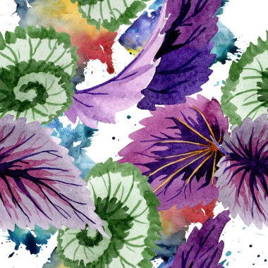 Begonya yaprakları yeşil ve mor. Suluboya arka plan illüstrasyon küme. Sorunsuz arka plan deseni.