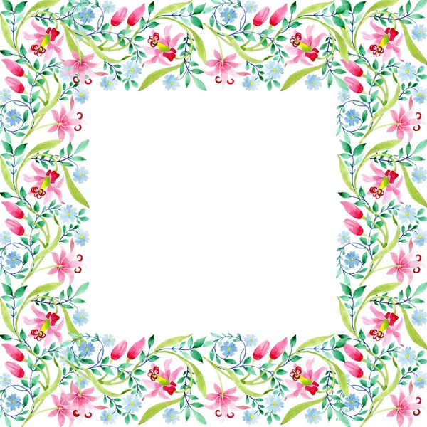 Στολίδι ροζ και μπλε λουλουδάτο βοτανικό λουλούδια. Ακουαρέλα φόντο εικόνα σύνολο. Πλαίσιο συνόρων στολίδι τετράγωνο. — Φωτογραφία Αρχείου