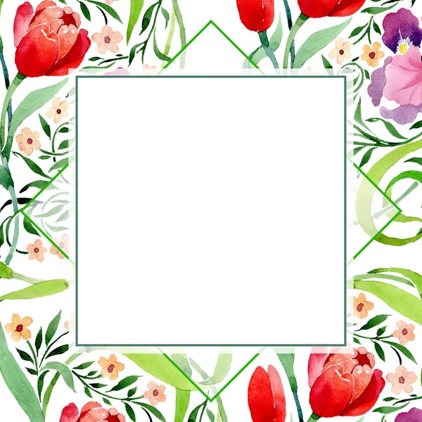 Iris e tulipani ornamento botanico fiore. Acquerello sfondo illustrazione set. Quadrato ornamento bordo cornice . — Foto Stock