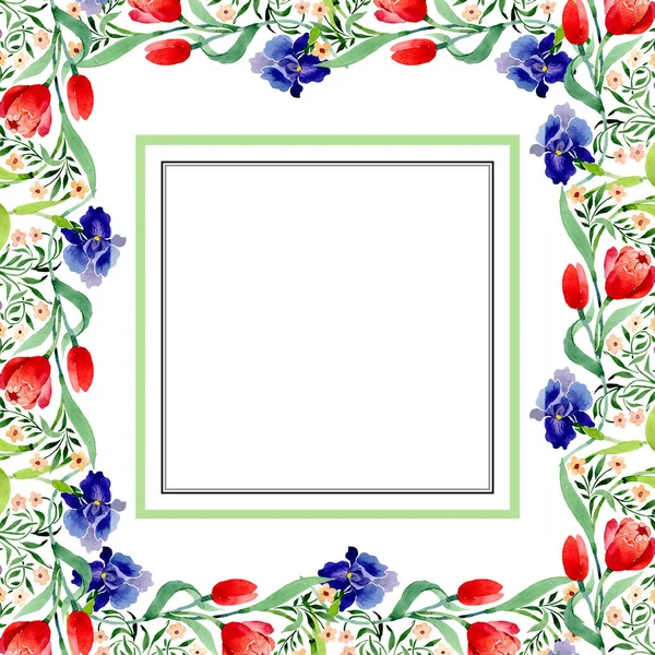 Íris e tulipas ornamento flor botânica. Conjunto de ilustração de fundo aquarela. Quadro borda ornamento quadrado . — Fotografia de Stock