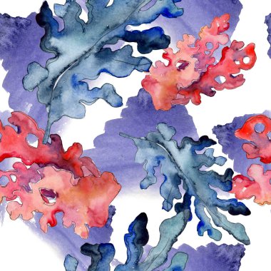 Kırmızı ve mavi su sualtı doğa mercan kayalığı. Suluboya resim kümesi. Sorunsuz arka plan deseni.