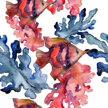 Kırmızı ve mavi su sualtı doğa mercan kayalığı. Suluboya resim kümesi. Sorunsuz arka plan deseni.