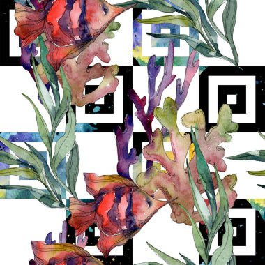 Kırmızı ve mavi su sualtı doğa mercan kayalığı. Suluboya resim kümesi. Sorunsuz arka plan deseni.