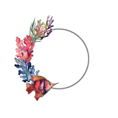 Kırmızı ve mavi su sualtı doğa mercan kayalığı. Suluboya arka plan ayarlamak. Çerçeve kenarlığı süsleme Meydanı.