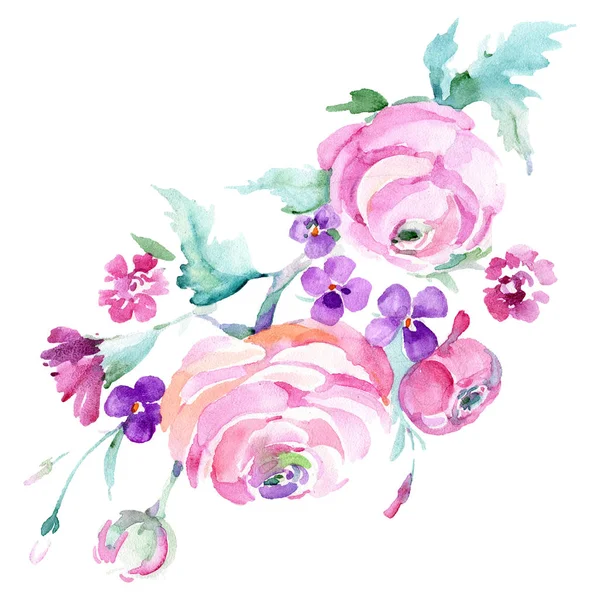 Rosa ranunculus bukett blommor botaniska blomma. Akvarell bakgrunden set. Isolerade bukett illustration element. — Stockfoto