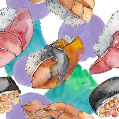 Güzel lezzetli Japon Suşi illüstrasyon suluboya suşi kümesi. Aquarelle sorunsuz arka plan deseni.