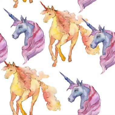 Şirin tek boynuzlu at hayvan boynuz karakter. Suluboya arka plan illüstrasyon küme. Sorunsuz arka plan deseni.