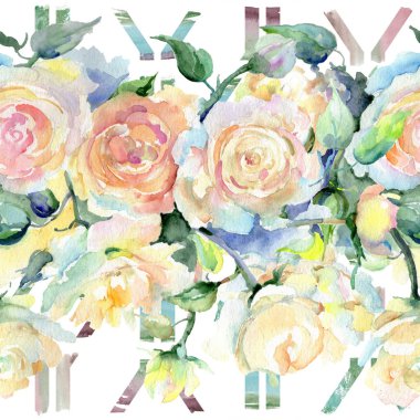 Bej renkli gül buket botanik çiçek. Suluboya arka plan illüstrasyon küme. Sorunsuz arka plan deseni.