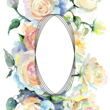 Baige gül buket botanik çiçek. Suluboya arka plan illüstrasyon küme. Çerçeve kenarlığı süsleme Meydanı.