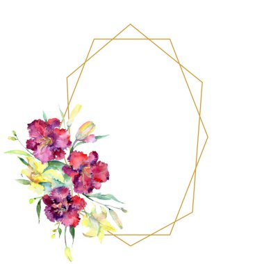 Sarı ve kahverengi lilyum çiçek buketi. Suluboya arka plan illüstrasyon küme. Çerçeve kenarlığı süsleme Meydanı.