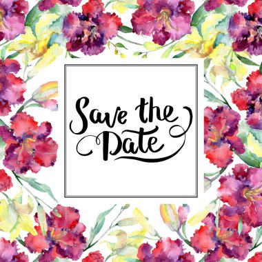 Sarı ve kahverengi lilyum çiçek buketi. Suluboya arka plan illüstrasyon küme. Çerçeve kenarlığı süsleme Meydanı.