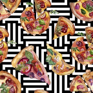 Fast food itallian pizza izole bir suluboya tarzında ayarlayın. Suluboya sorunsuz arka plan deseni.