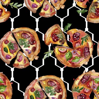 Fast food itallian pizza izole bir suluboya tarzında ayarlayın. Suluboya sorunsuz arka plan deseni.