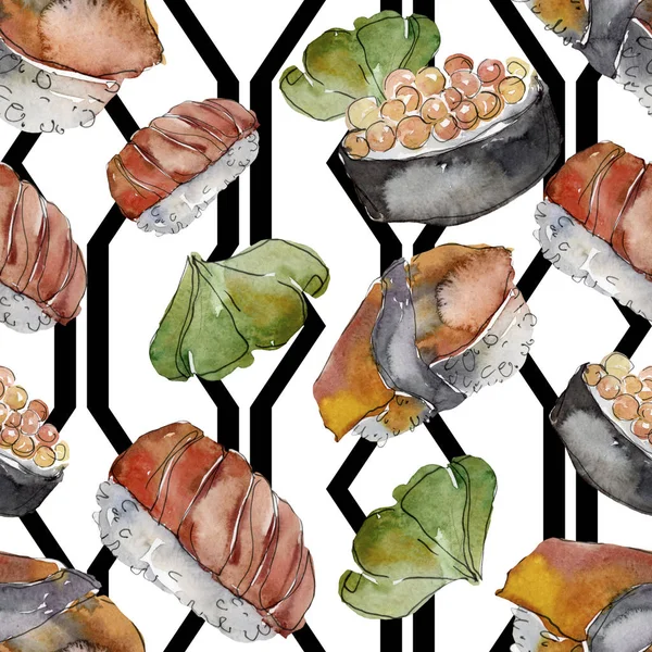 Conjunto de sushi aquarela de bela ilustração sushi japonês saboroso. Padrão de fundo sem costura Aquarelle . — Fotografia de Stock