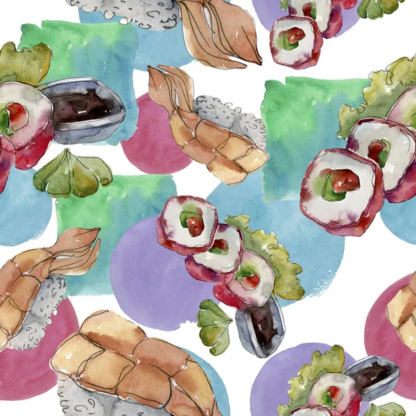 Akvarell sushi szett gyönyörű ízletes japán sushi szemléltetése. Az Aquarelle varratmentes háttérben minta. — Stock Fotó