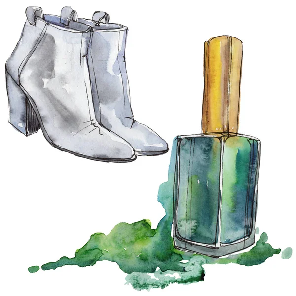 Chaussures et vernis à ongles croquis illustration dans un élément isolé de style aquarelle. Ensemble de fond de mode aquarelle . — Photo