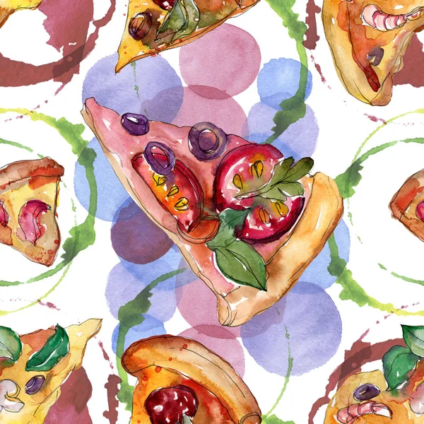 Fast Food italienische Pizza in einem Aquarell-Stil isoliert Set. Aquarell nahtloses Hintergrundmuster. — Stockfoto