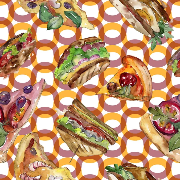 Ορίστε fast food πίτσα στύλ σε στυλ υδροχρώματος απομονωμένη. Ακουαρέλα απρόσκοπτη υπόβαθρο μοτίβο. — Φωτογραφία Αρχείου