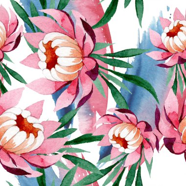 Pembe lotus süsleme botanik çiçek. Suluboya arka plan illüstrasyon küme. Sorunsuz arka plan deseni.