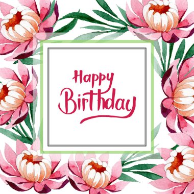 Pembe lotus süsleme botanik çiçek. Vahşi bahar yaprak izole kır çiçeği. Suluboya arka plan illüstrasyon küme. Suluboya çizim moda aquarelle izole. Çerçeve kenarlığı süsleme Meydanı.