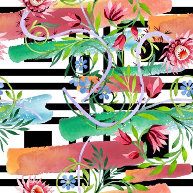 Pembe lotus süsleme botanik çiçek. Suluboya arka plan illüstrasyon küme. Sorunsuz arka plan deseni.