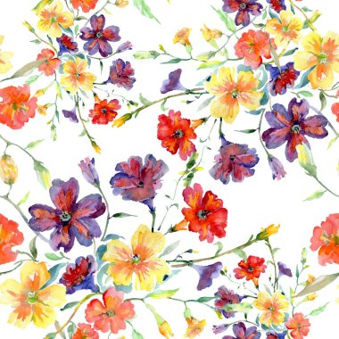 Buket kırmızı ve sarı çiçek botanik çiçekler. Suluboya arka plan illüstrasyon küme. Sorunsuz arka plan deseni.