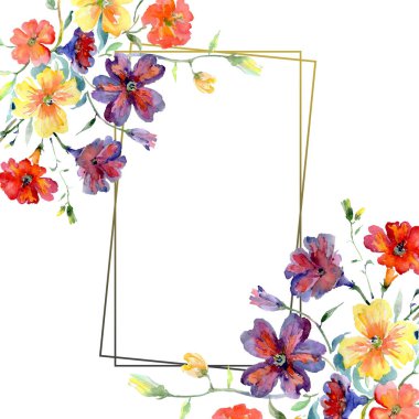 Buket kırmızı ve sarı çiçek botanik çiçekler. Suluboya arka plan illüstrasyon küme. Çerçeve kenarlığı süsleme Meydanı.