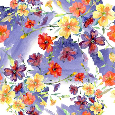 Buket kırmızı ve sarı çiçek botanik çiçekler. Suluboya arka plan illüstrasyon küme. Sorunsuz arka plan deseni.