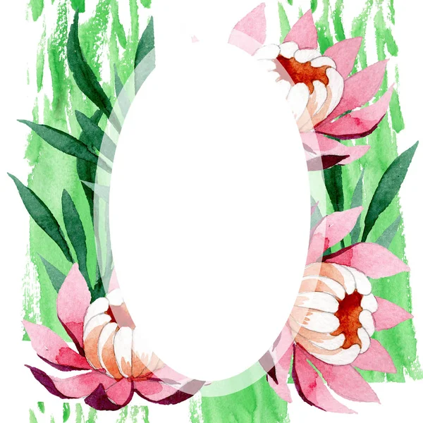 핑크 로터스 장식 꽃 식물 꽃입니다. 수채화 배경 그림 설정 합니다. 프레임 테두리 장식 스퀘어. — 스톡 사진