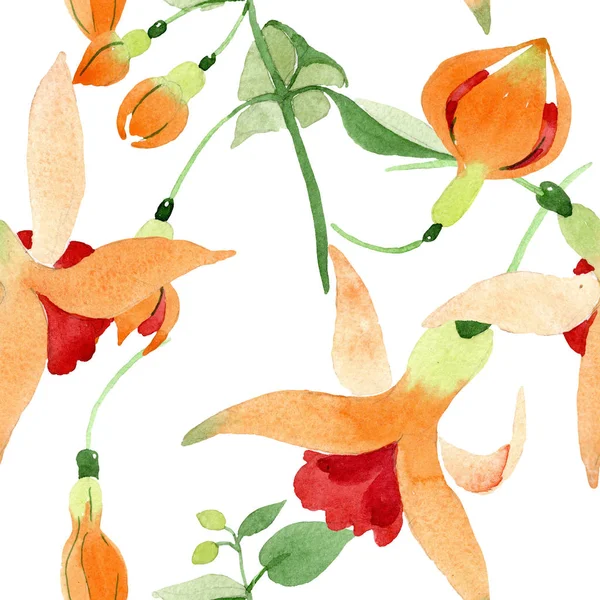 빨간 오렌지 자홍색 꽃 식물 꽃입니다. 수채화 배경 그림 설정 합니다. 원활한 배경 패턴. — 스톡 사진