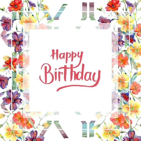 Buket kırmızı ve sarı çiçek botanik çiçekler. Suluboya arka plan illüstrasyon küme. Çerçeve kenarlığı süsleme Meydanı.