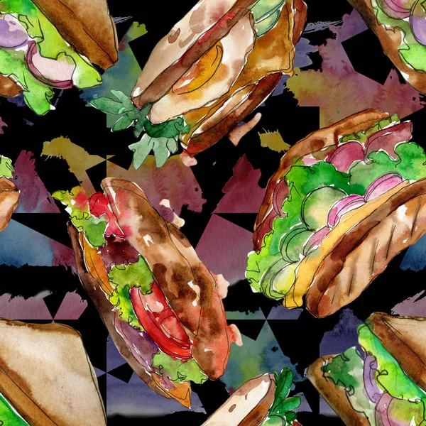 Sandwich en un estilo acuarela. Acuarela elemento ilustrativo de comida rápida. Patrón de fondo sin costuras . — Foto de Stock