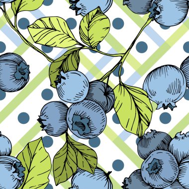 Vektör Blueberry Yeşil ve mavi mürekkep sanat kazınmış. Çilek ve yeşil yaprakları. Sorunsuz arka plan deseni.