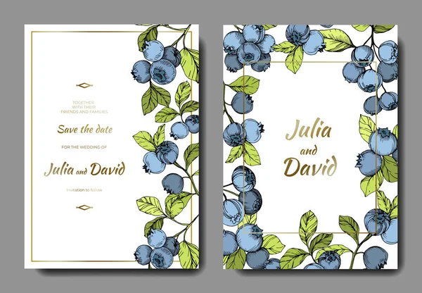 Vector Blueberry azul y verde grabado arte tinta. Bayas y hojas verdes. Boda tarjeta de fondo borde decorativo . — Vector de stock