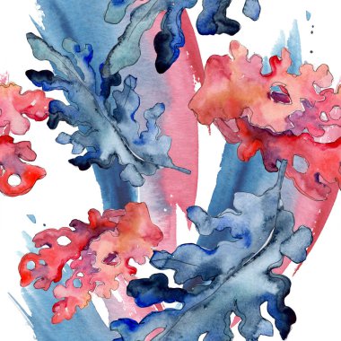 Kırmızı ve mavi su sualtı doğa mercan kayalığı. Suluboya resim kümesi. Sorunsuz arka plan deseni.