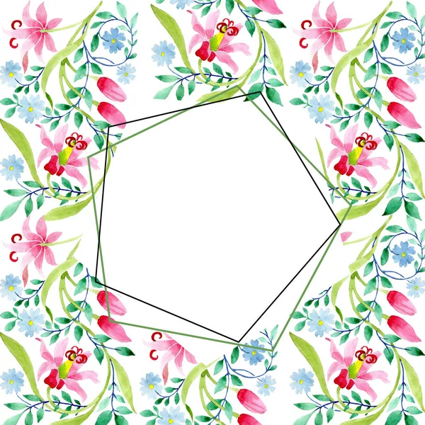 Ornament rosa und blau florale botanische Blumen. Aquarell Hintergrundillustration Set. Rahmen Rand Ornament Quadrat. — Stockfoto