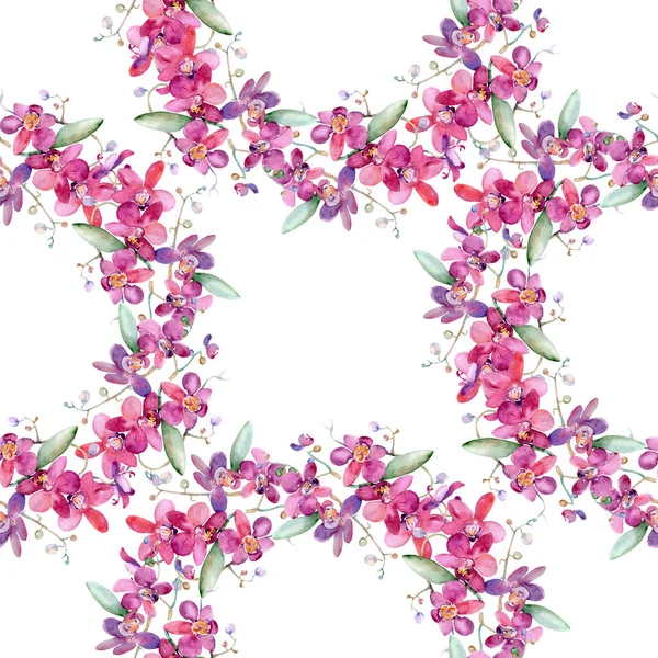 粉红兰花花束花植物花。水彩背景插图集。无缝的背景模式. — 图库照片