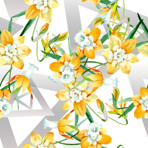Flor botânica floral narciso amarelo. Conjunto de ilustração de fundo aquarela. Padrão de fundo sem costura — Fotografia de Stock
