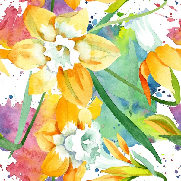 Yellow narcissus floral botanical flower. Watercolor background illustration set. Seamless background pattern — Stock Photo, Image