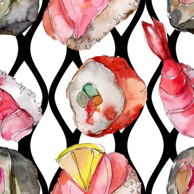 Güzel lezzetli Japon yemekleri illüstrasyon suluboya suşi kümesi. Sorunsuz arka plan deseni.