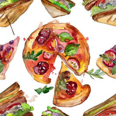 Bir suluboya tarzında sandviç. Suluboya lokanta illüstrasyon öğesi. Sorunsuz arka plan deseni.