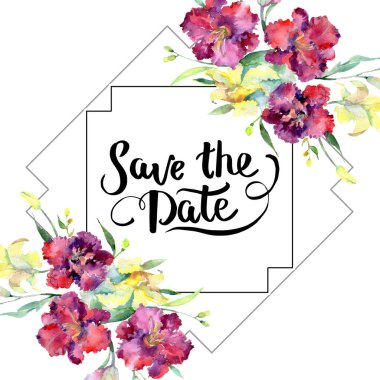 Sarı ve kahverengi lilyum çiçek buketi. Suluboya arka plan illüstrasyon küme. Çerçeve kenarlığı süsleme Meydanı.